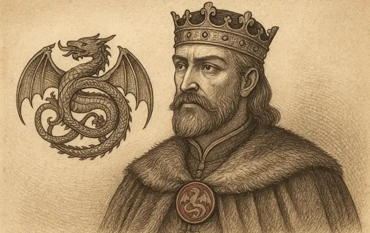 Ejderha Tarikatı armasıyla betimlenen Vlad Dracul’un tarihî portre çizimi.